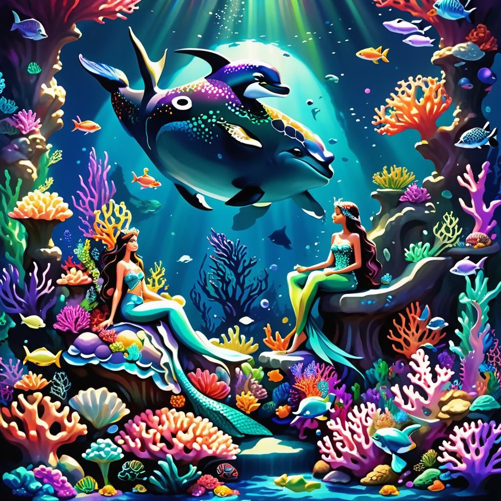 Majestic Mermaid on Coral Throne in Atlantis