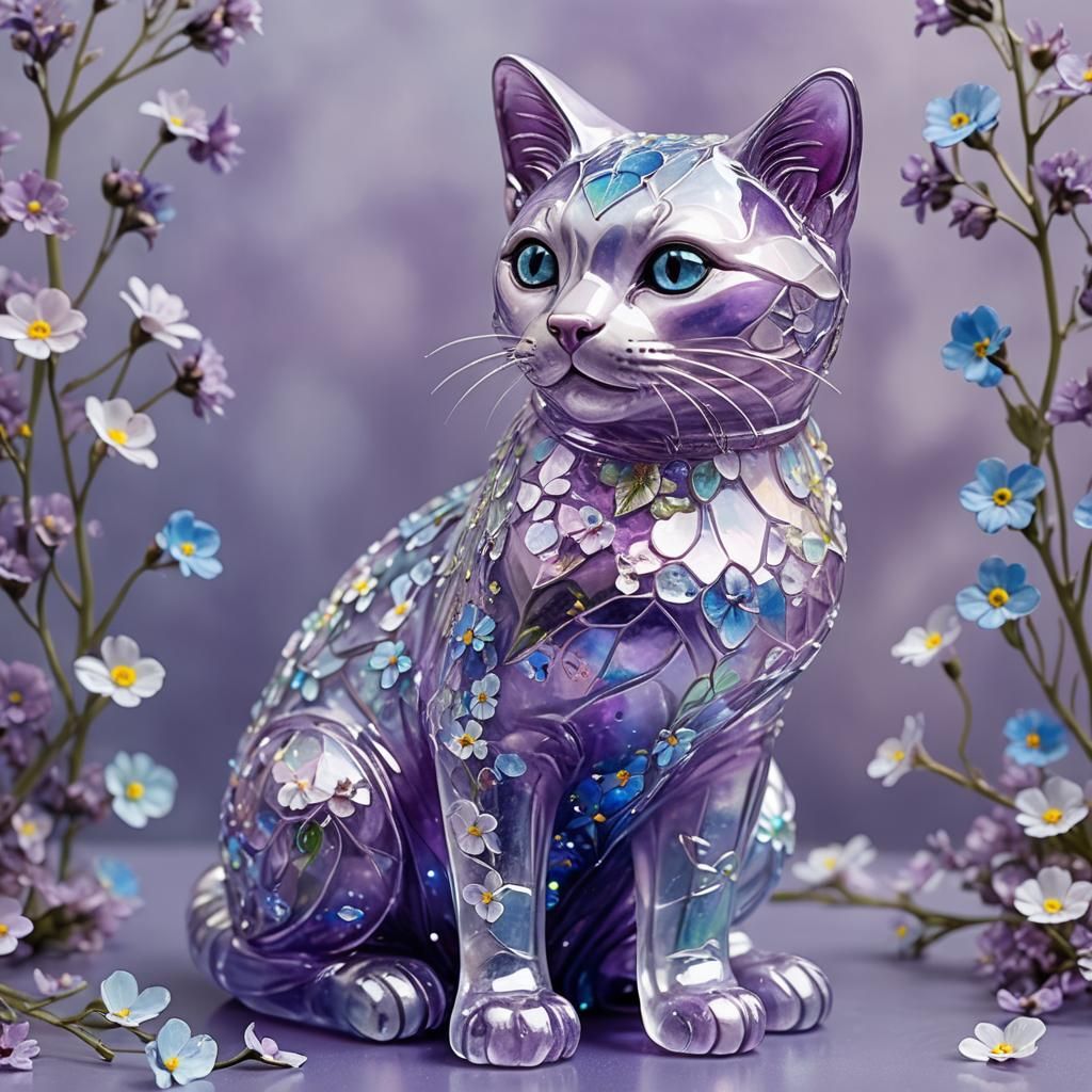 Iridescent Glass Cat Statue with Forget-Me-Nots