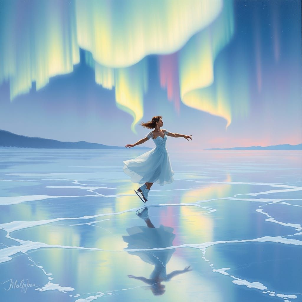 Figure Skater Under Aurora Borealis, Gouache Painting