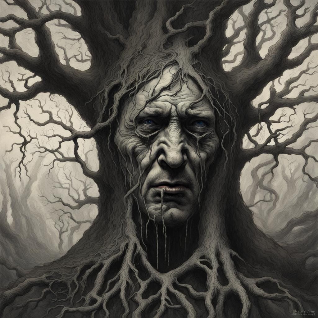 Crying Tree Man Portrait in Dark Fantasy Style