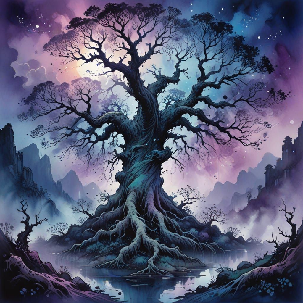 Dreamlike Mountainscape in Whimsical Watercolor