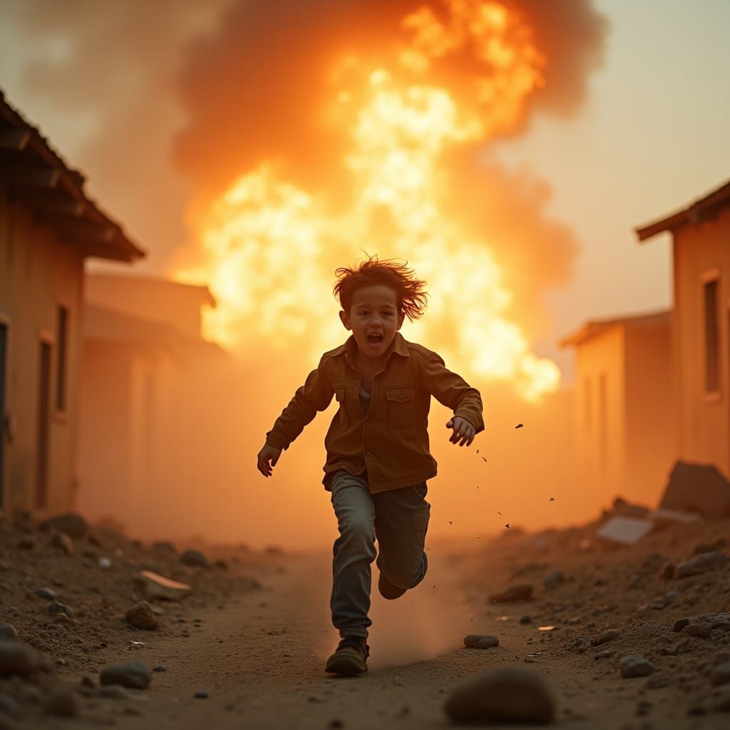 Teenage Boy Fleeing Explosion: Cinematic Film Still