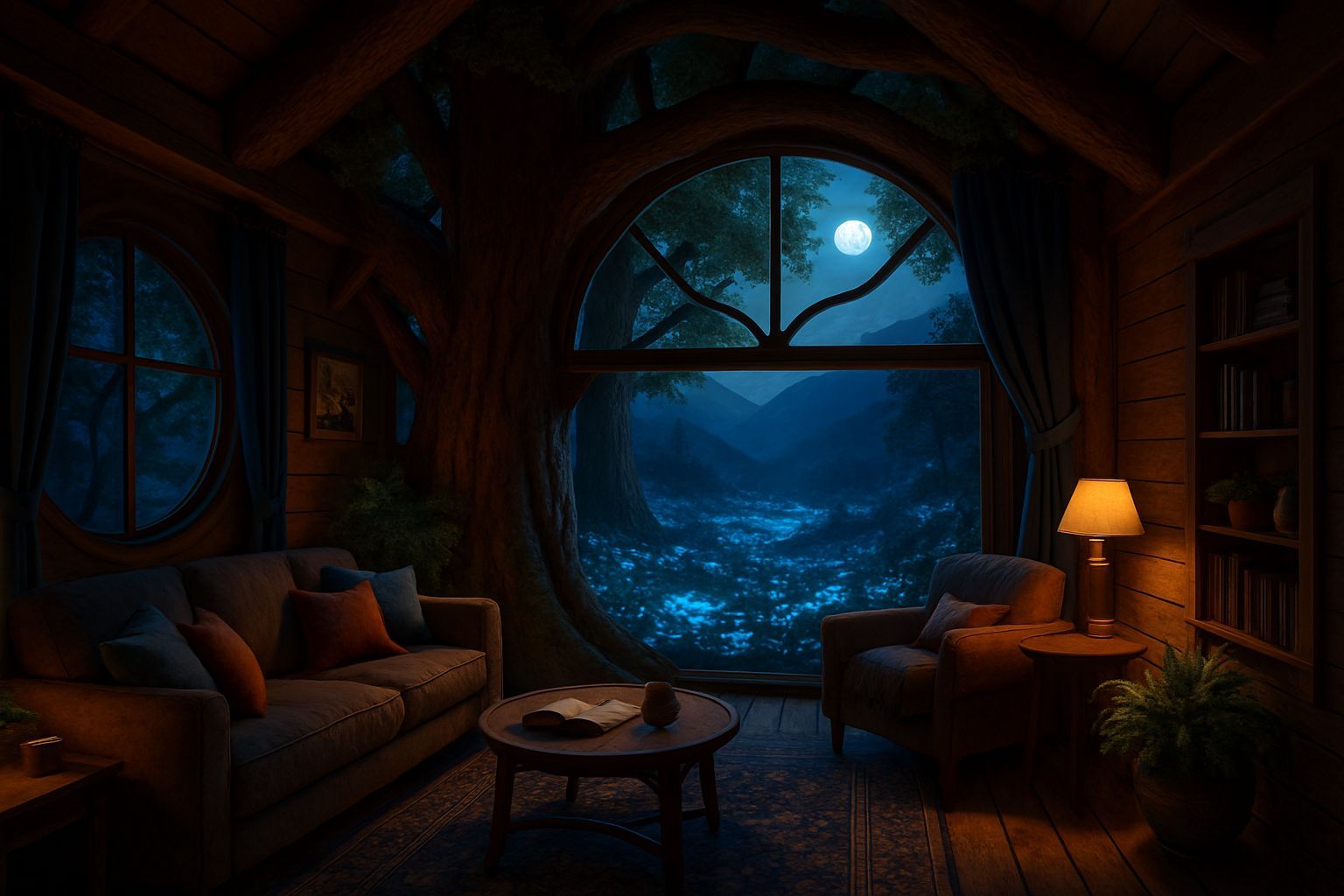 Cozy Treehouse Overlooking Bioluminescent Valley in CGI Styl...