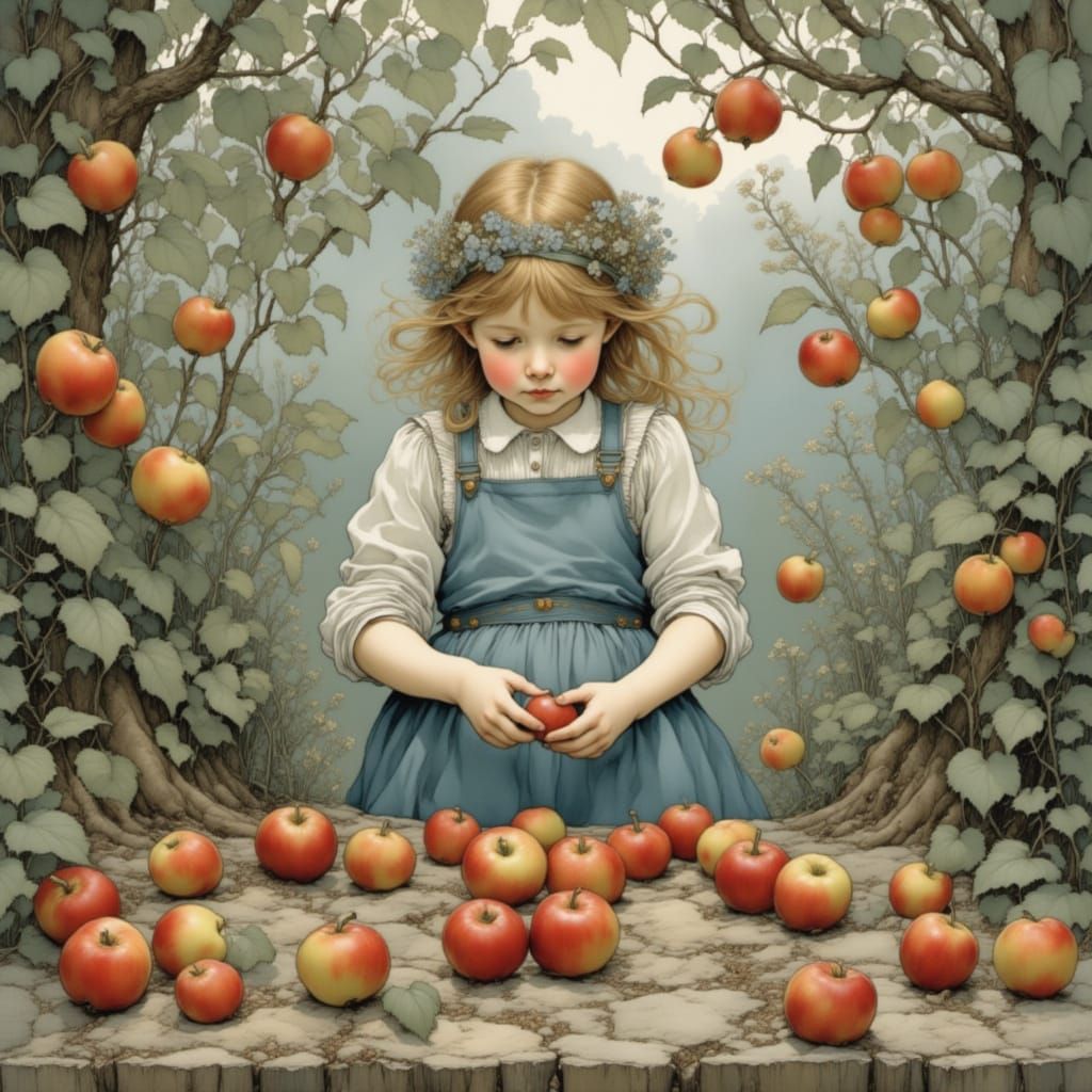 Cute Girl Gathering Apples in Detailed Style