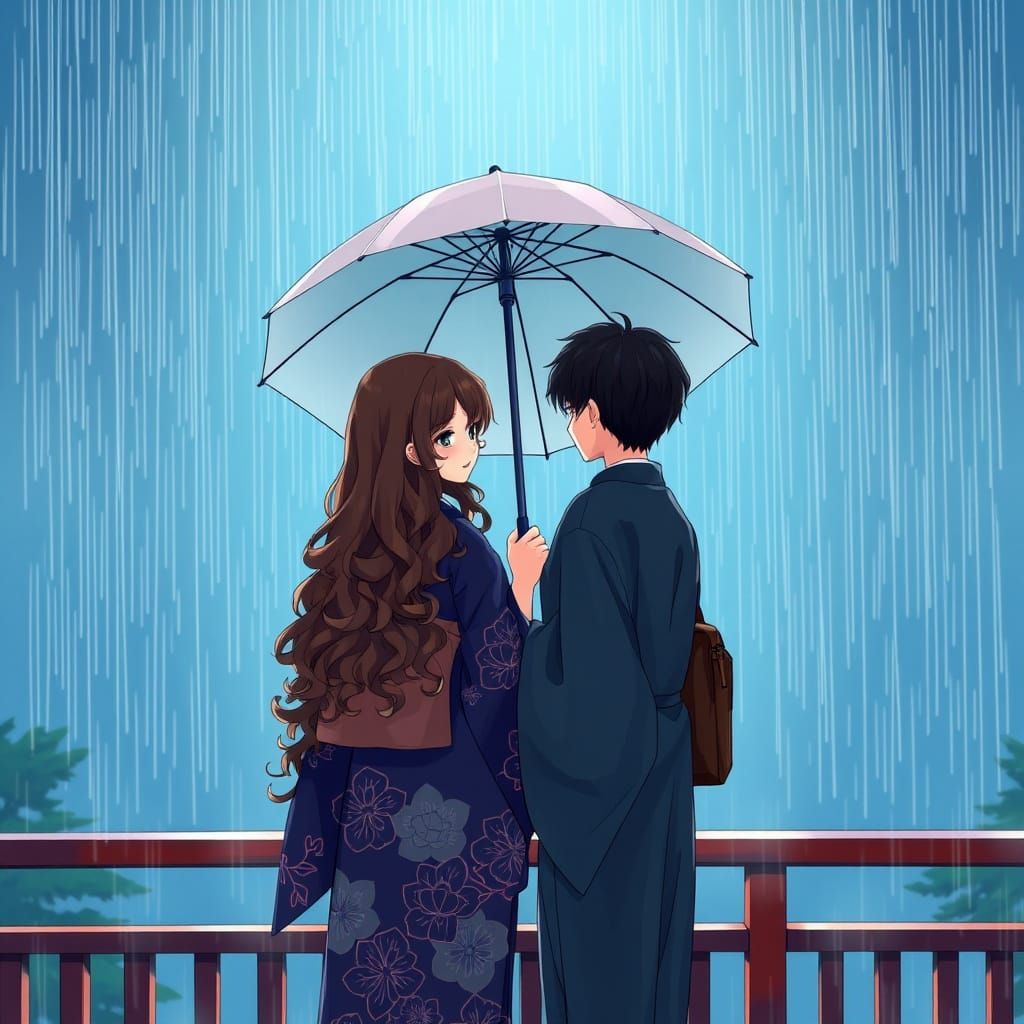 Young Couple Stands Together Under Rainy Bridge in Anime-Ins...