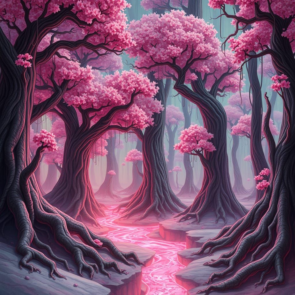 Surreal Forest with Pink Leaves and Lava Flows