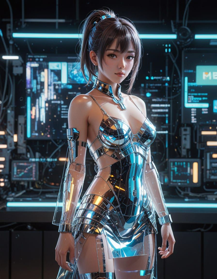 Holographic Girl in Glitch-Effect Dress, Cell-Shaded