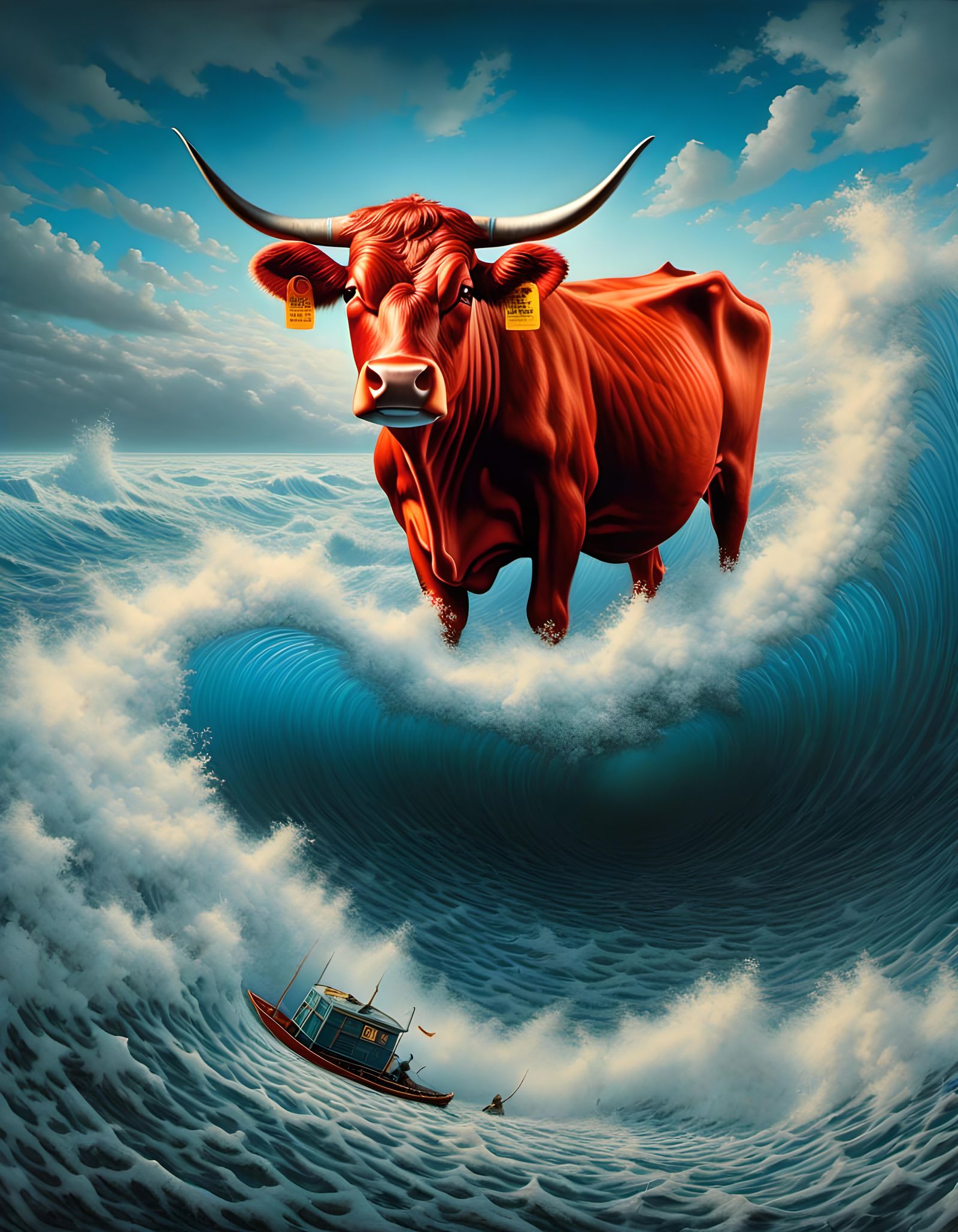 Anthropomorphic Cow Rides Storm Wave: Surreal Hyperrealism