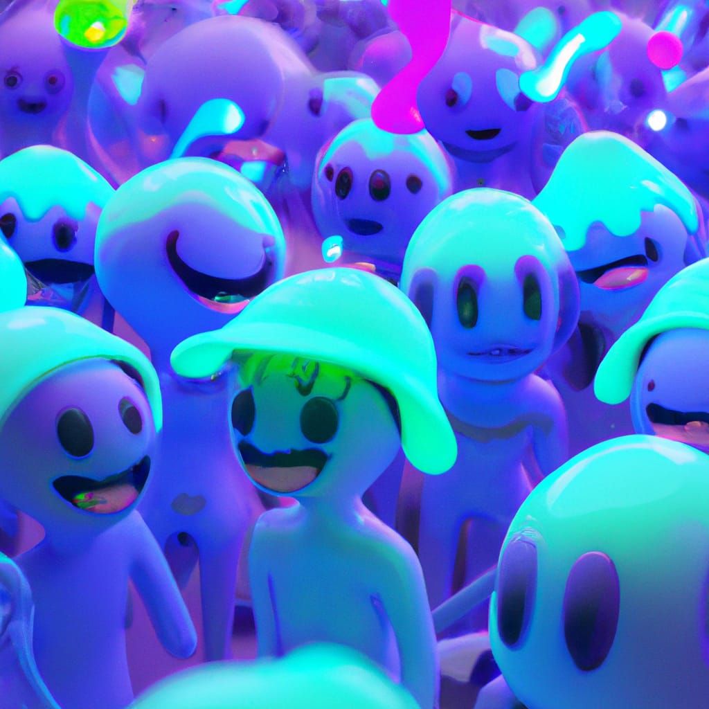 Epic Bioluminescent Rave Party with Anime Faces