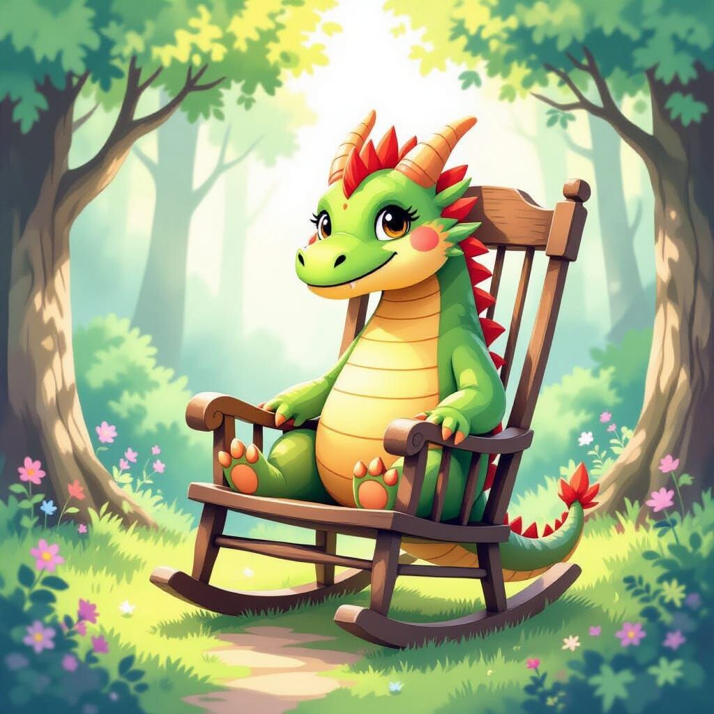 Dragon Rocking Chair in Enchanted Forest, Watercolor