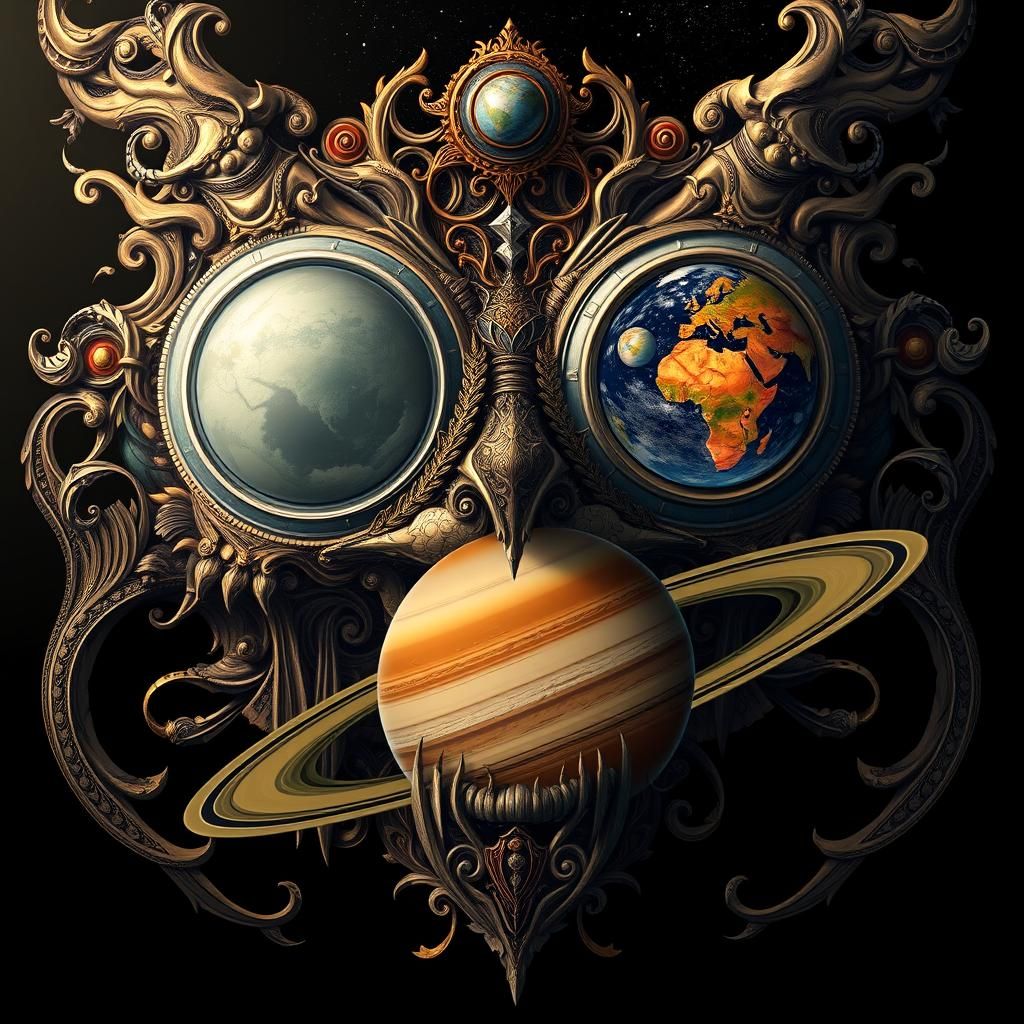 An entity with planets as eyes and Saturn as a mouth head an...