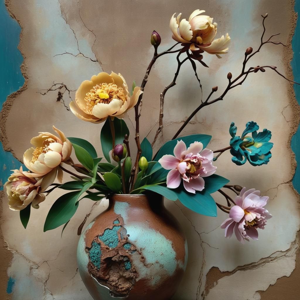 Intricate Ikebana Bouquet in Rustic Raku Flask
