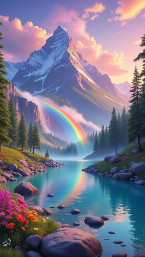 Rainbow Waterfall Cascading Down Mountain Into Lake