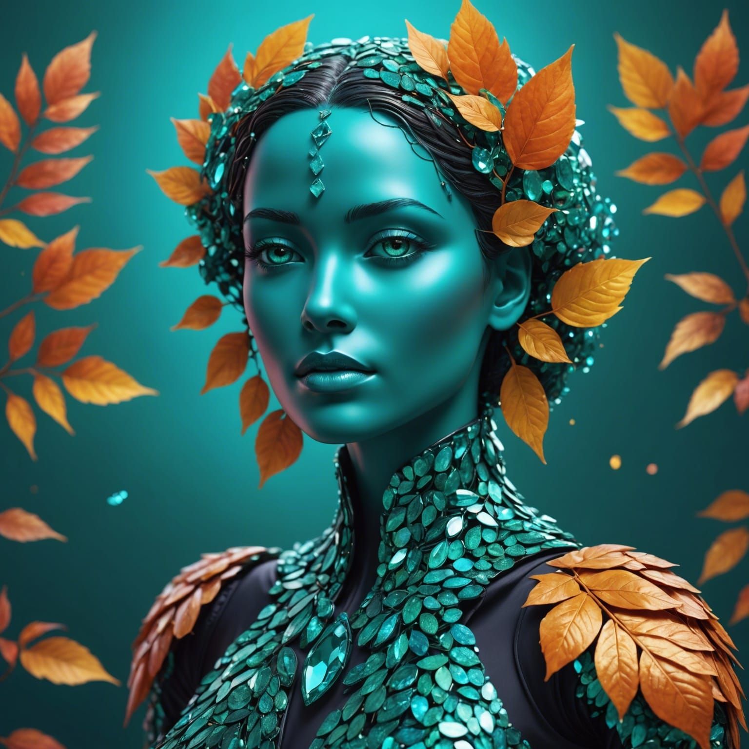 Autumnal Leaf Humanoid Portrait in 3D Digital Art