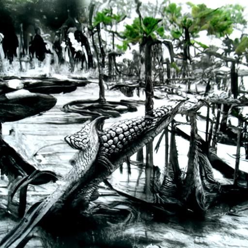 Detailed Charcoal Drawing of Alligator Swamp