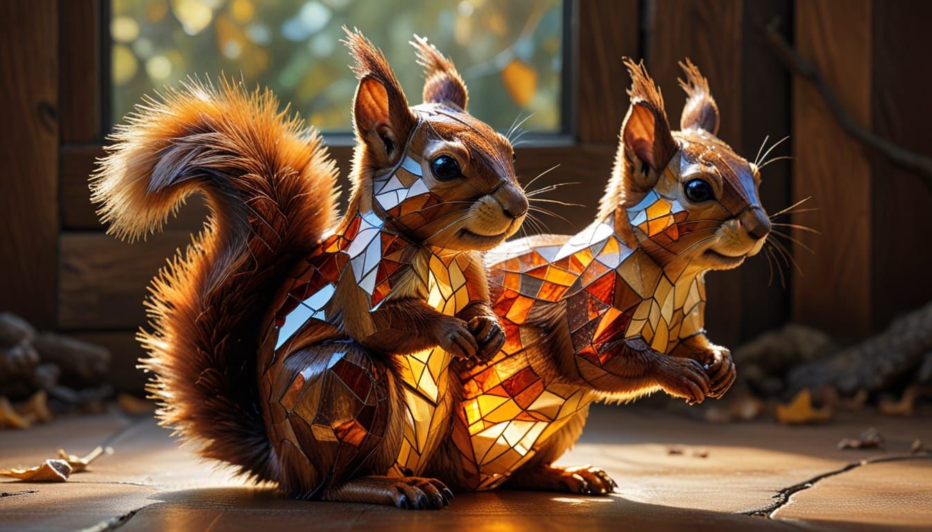Amber Glass Squirrel Mosaic in Geometric Style