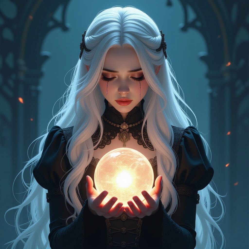 Victorian Fortune Teller with Glowing Orb, Sorrowful Portrai...