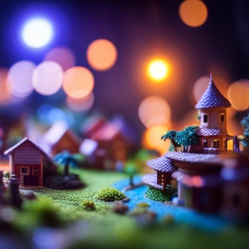 Miniature Island Town with Fantasy Creatures at Night