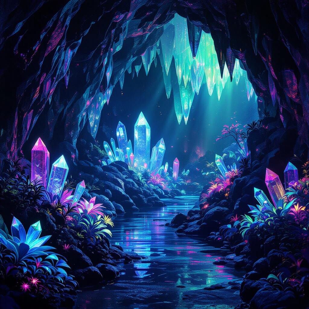 Ethereal Crystal Cave Art Installation in Neon Glow