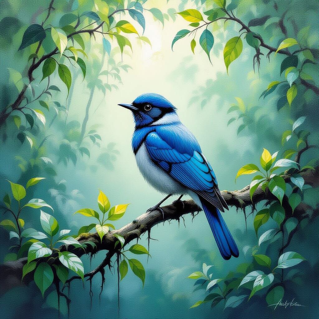 Blue Throat Bird in Misty Forest, Impressionist Style