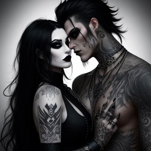 Goth Couple with Black Makeup and Tattoos