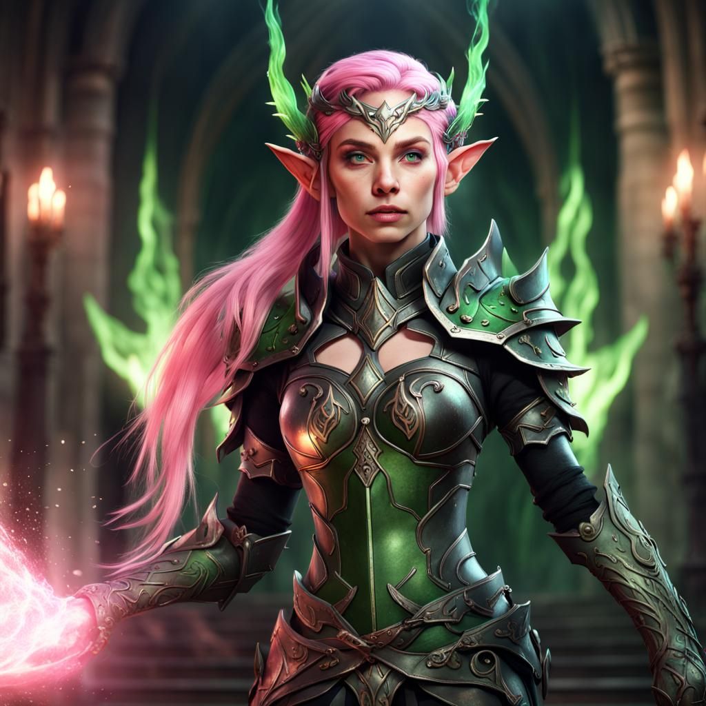 Elf Wizard with Pink Hair in Fantasy Art