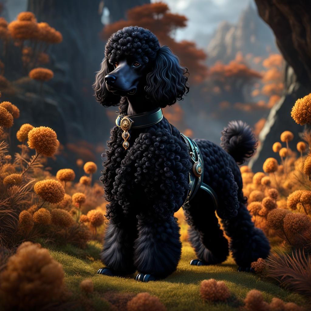 Detailed Black Poodle Fantasy Concept Art