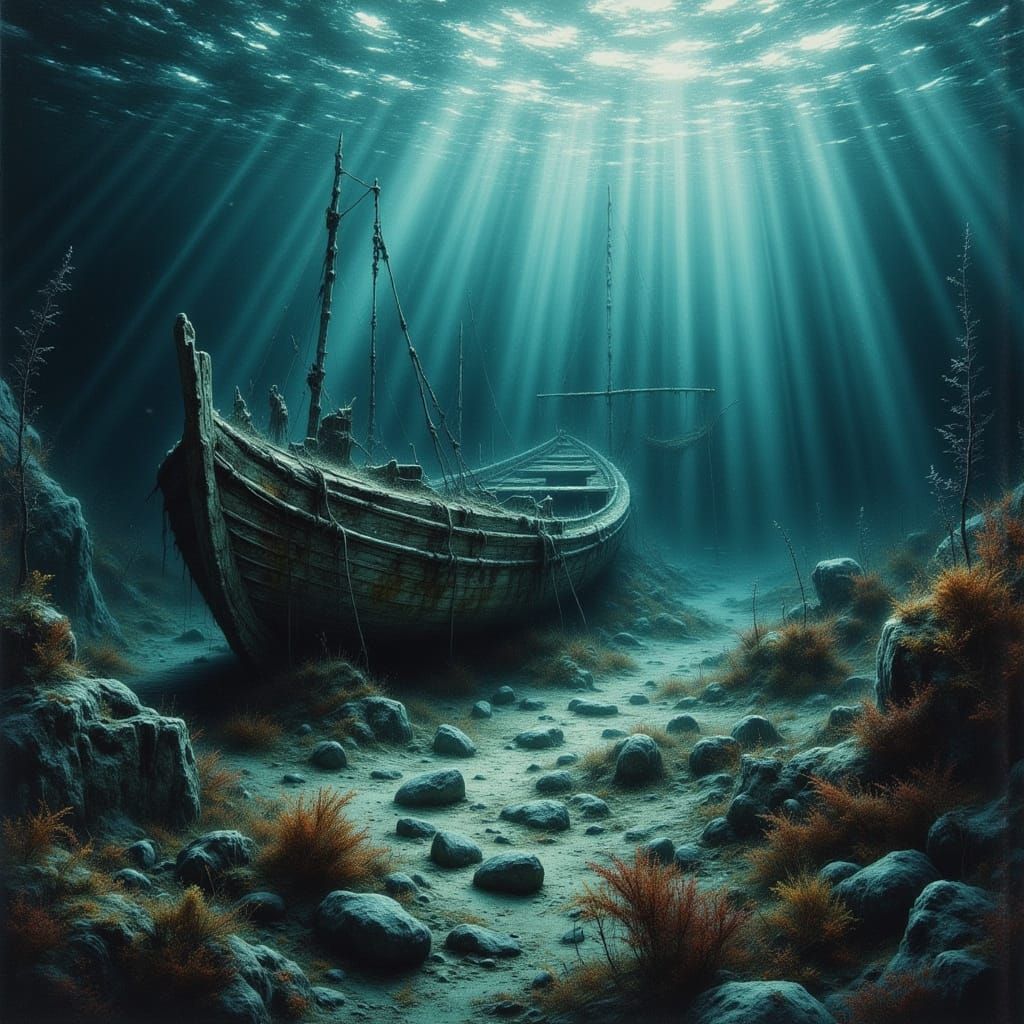 Sunken Stone Boat in Photorealistic Digital Art