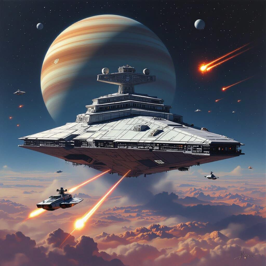 Star Destroyer Emerges Near Gas Giant in Space Battle