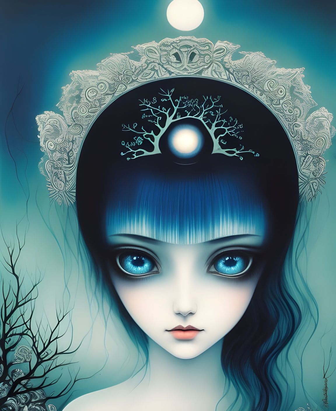 Melancholic Anime Girl with Ghost in Blue Ink Style