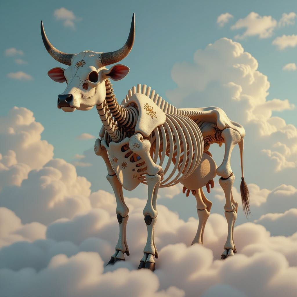 Zodiac Cow Skeleton on Auspicious Clouds in 3D