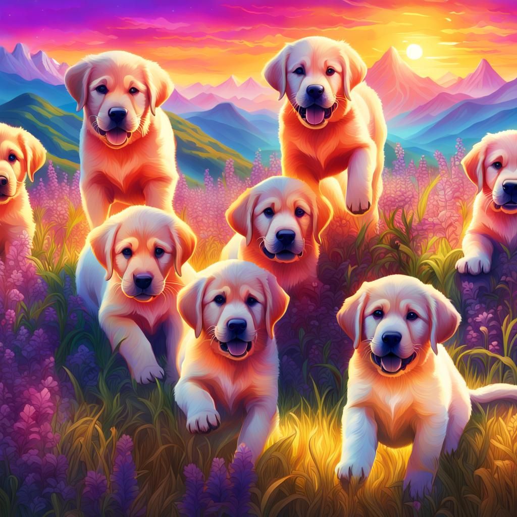 Golden Lab Puppies Play in Sunset Meadow