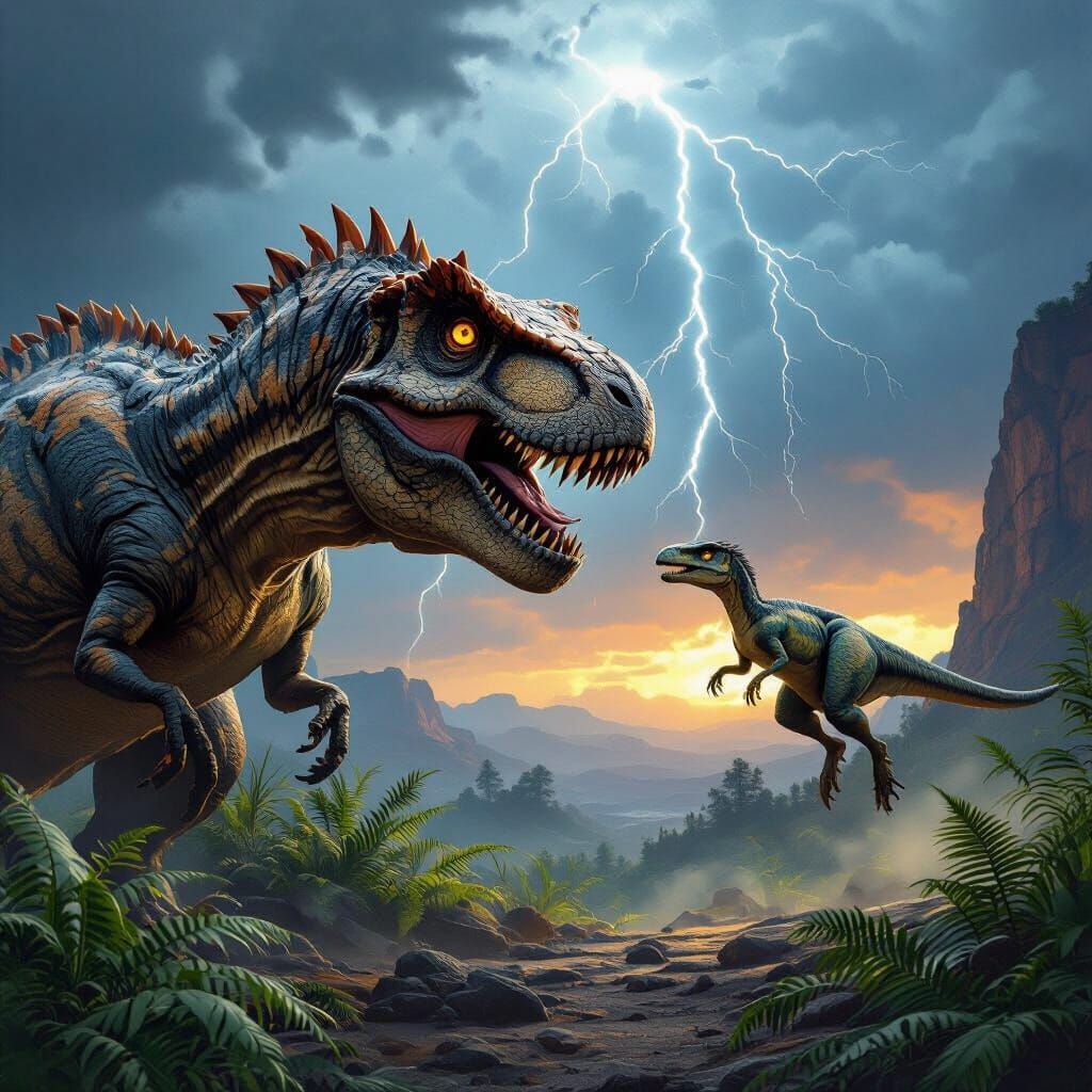 T-Rex Battles Velociraptor Under Stormy Jurassic Sky