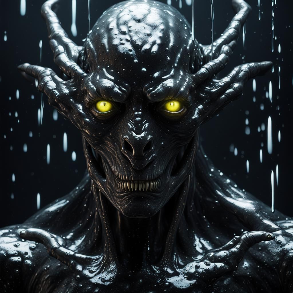 Dark Liquid Metal Creature Stares Intently