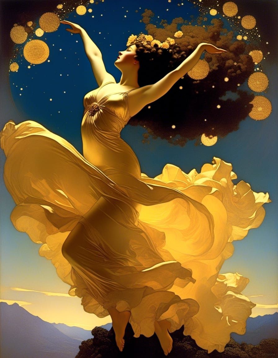 Dreamy Dancer with Celestial Flowers in Golden Light