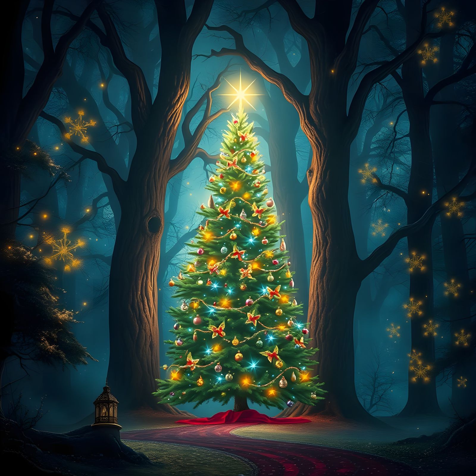 Enchanted Christmas Tree in a Mystical Glowing Forest
