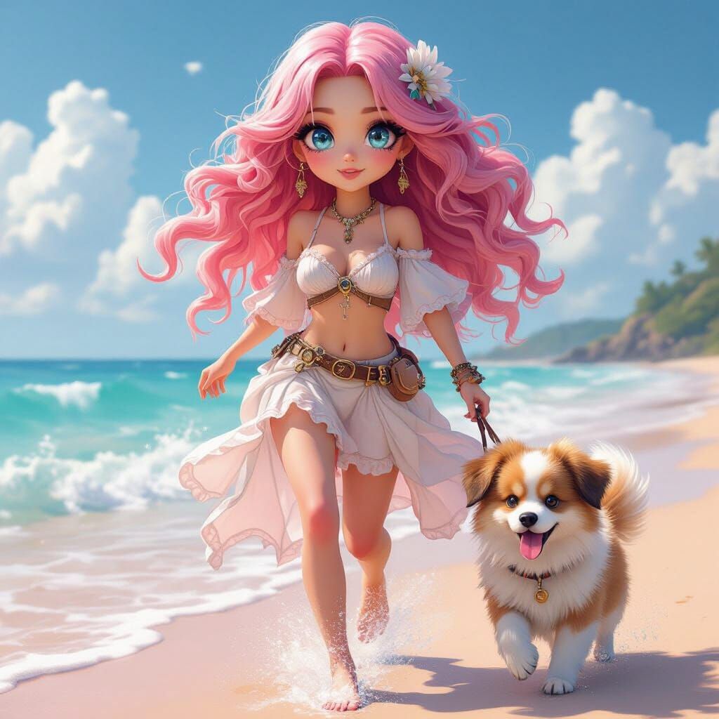 Pink Haired Woman and Puppy on Beach in Manga Anime Style