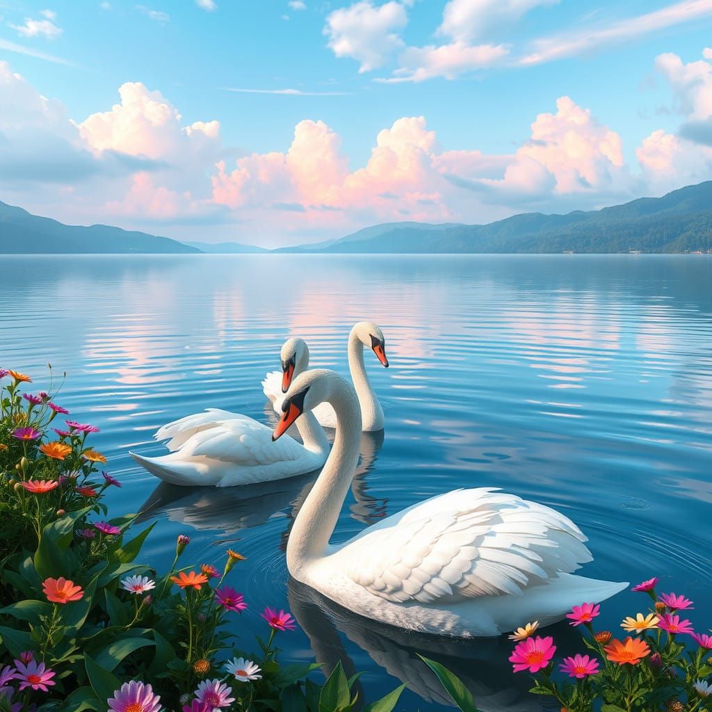Surrealistic Landscape of Rainbow Lake with Majestic Swans