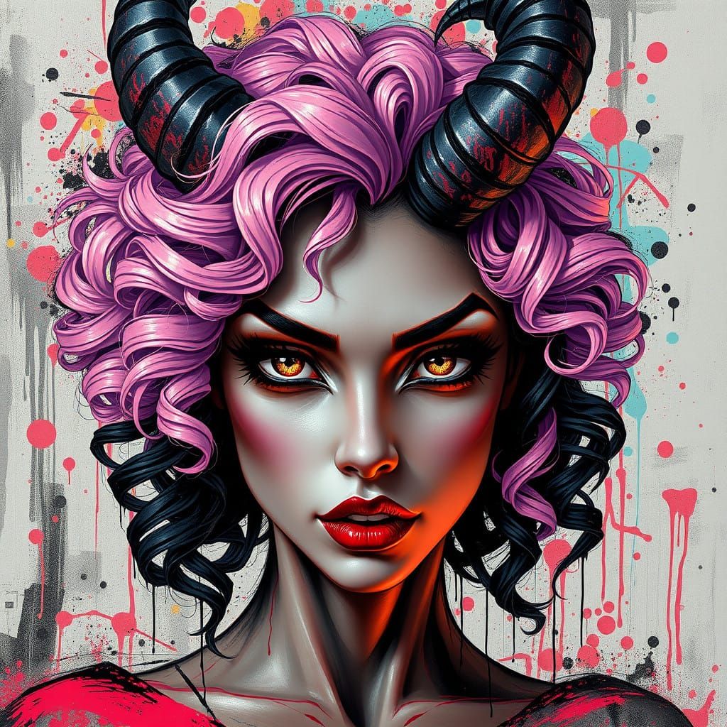 Gothic Goddess with Intricate Makeup and Curved Horns