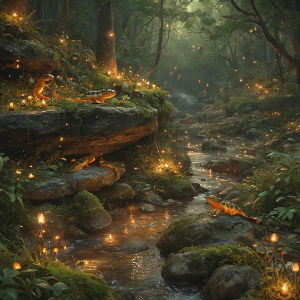 Fire Salamanders in Magical Forest: Watercolor Illustration