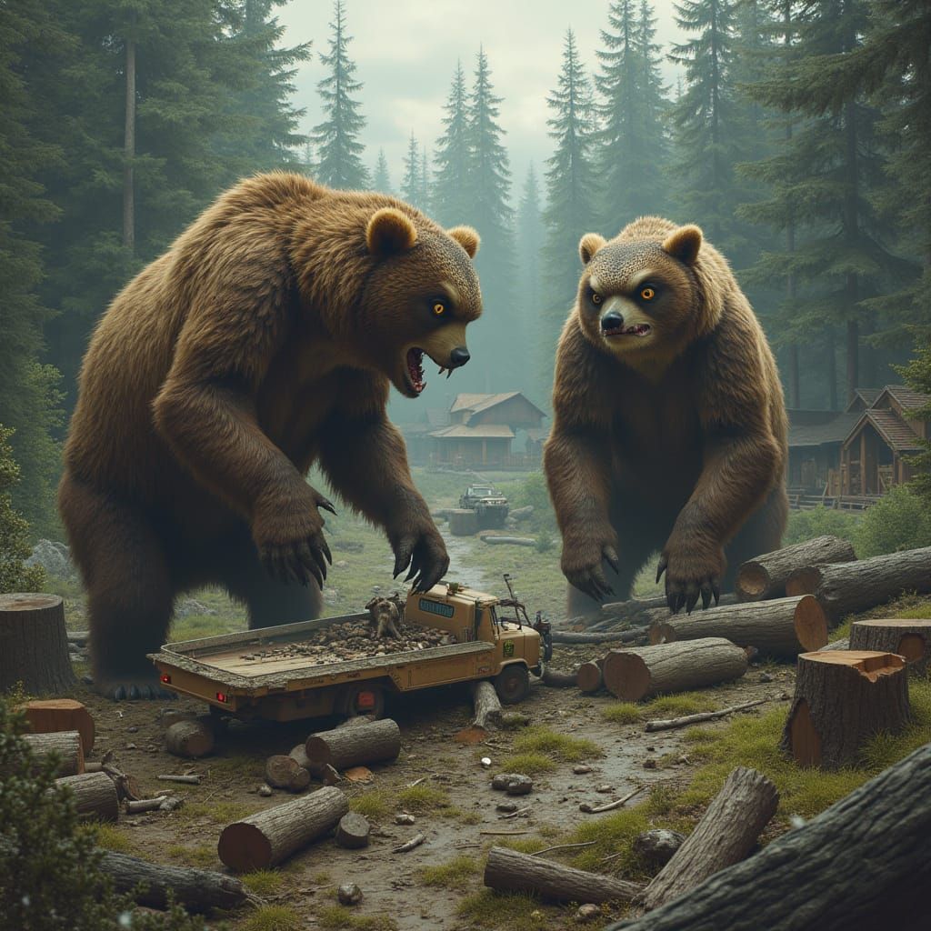 Hyper-Realistic Owlbear Destruction Scene in a Dense Forest