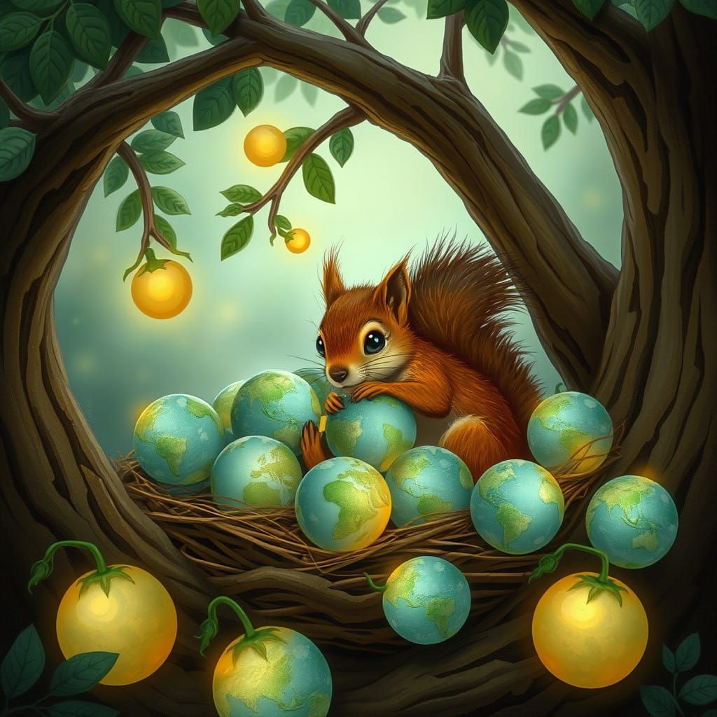 Squirrel Sits Among Glowing Celestial Orbs in Cozy Tree Nest