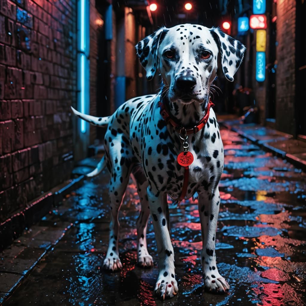 Neon Dalmatian in Rain-Soaked Alleyway: 80s Aesthetic