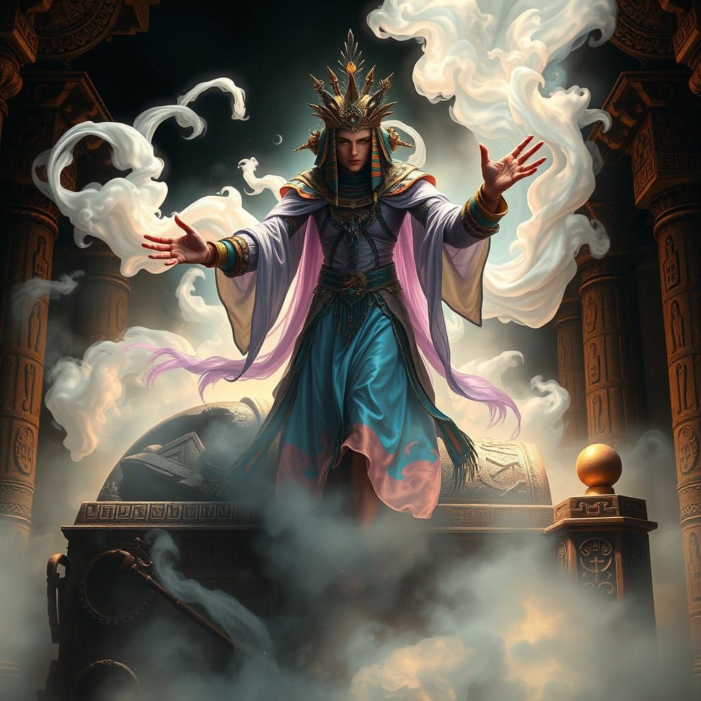 Regal Mayan Astronaut Emerges from Mystical Iridescent Mist