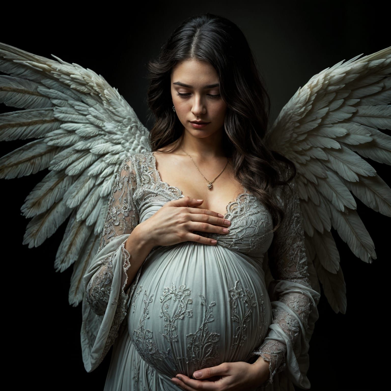 Hyperrealistic Pregnant Angel in Intricate Dress