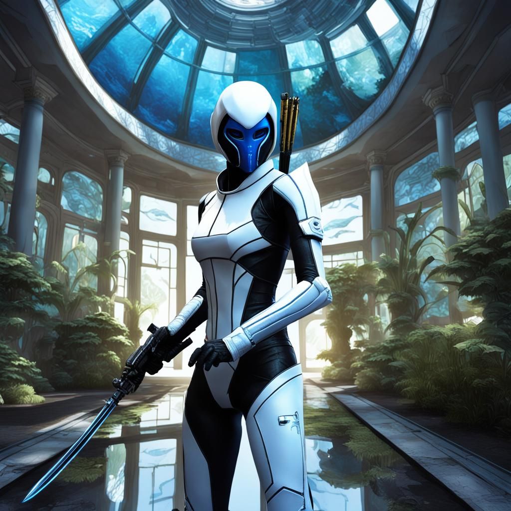 Cyberpunk Ninja Assassin in Neo-Classical Garden