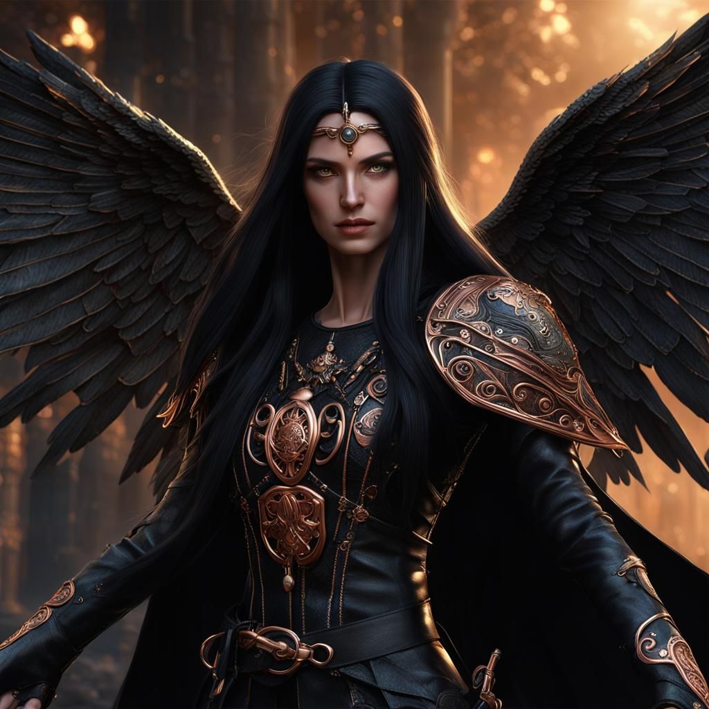 Dark Angel with Black Wings, Hyperdetailed Art