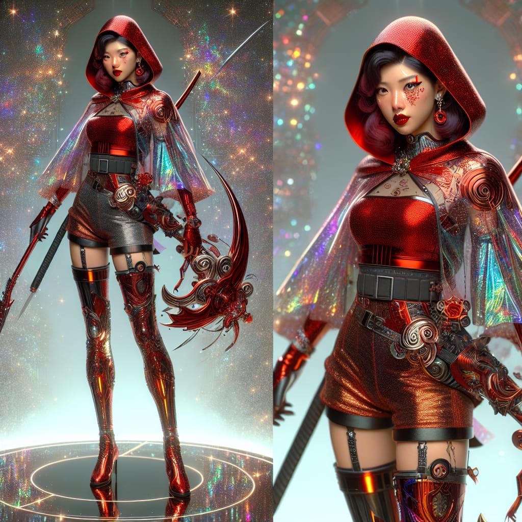 Futuristic Red Riding Hood with Iridescent Cape and Sword