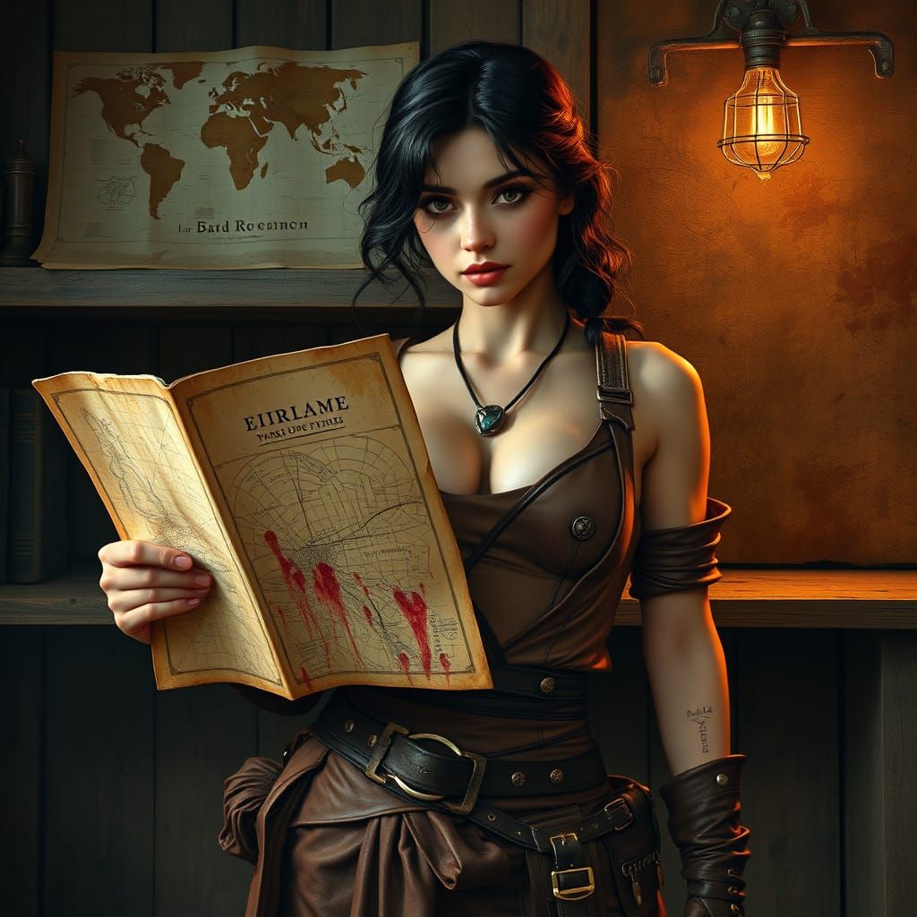 Bare-Chested Adventurer with Blood Map, in Dark Fantasy Styl...