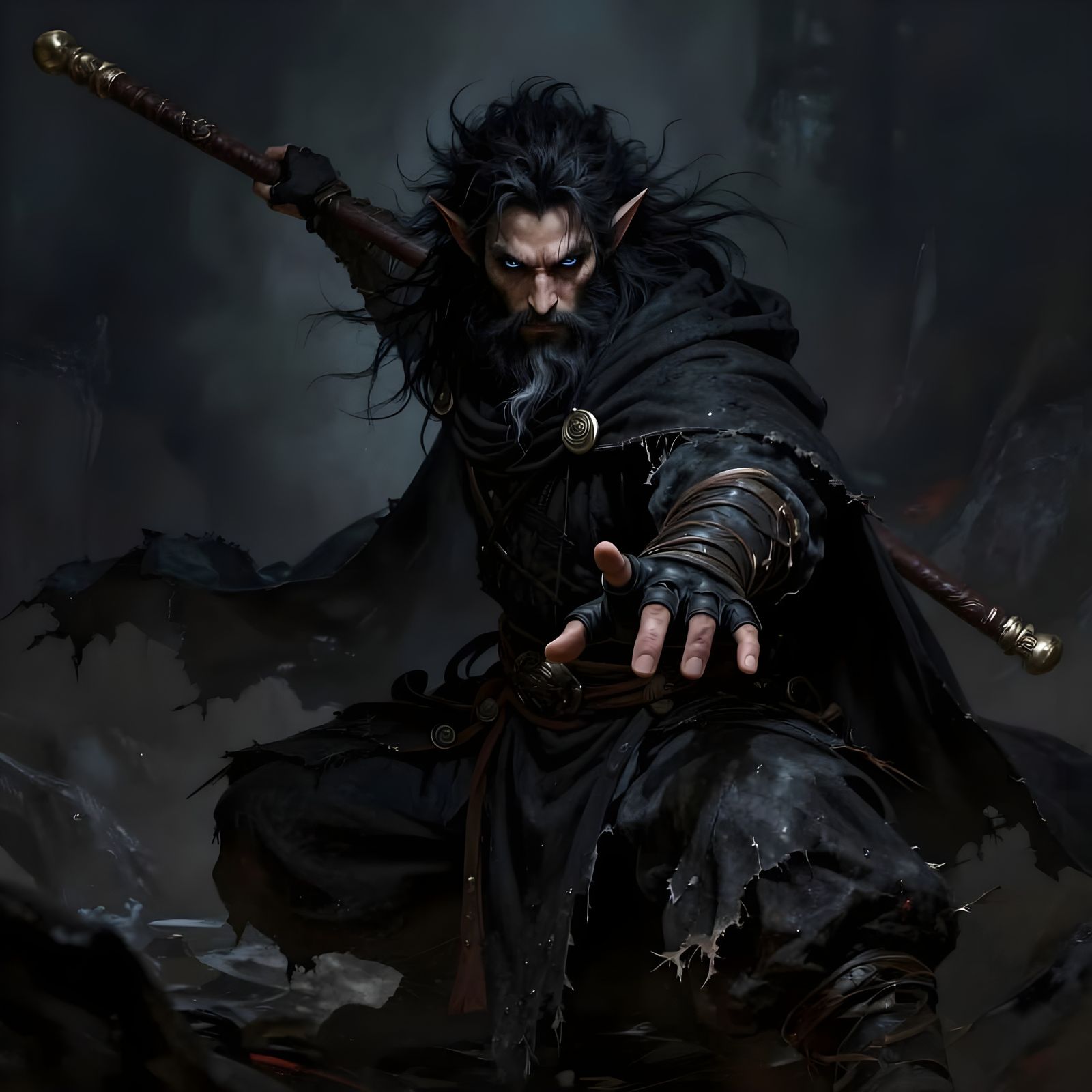 Grim DnD Monk in Fighting Stance with Tattered Cloak